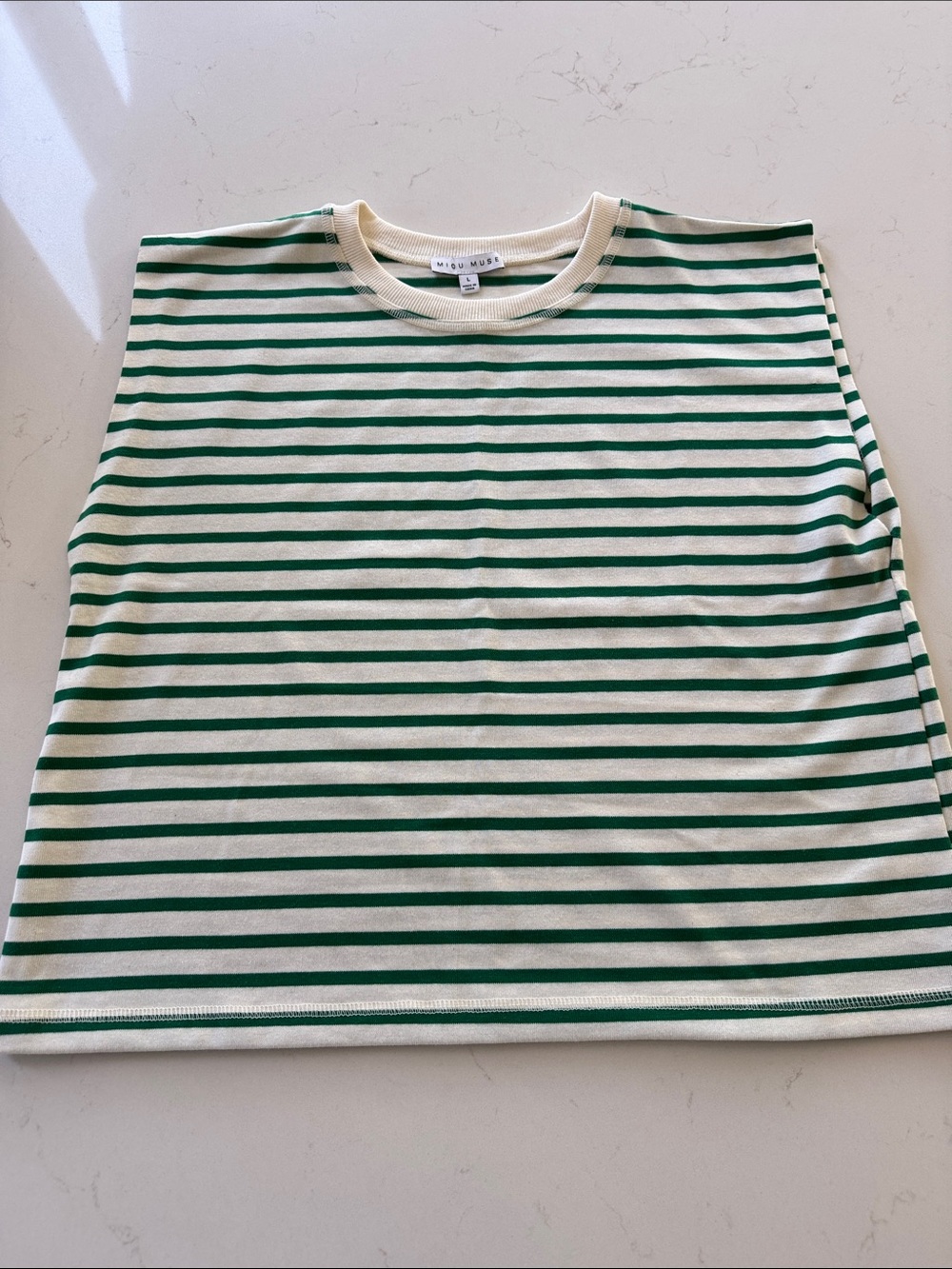 Miou Muse Women's Green & Cream Striped Short Sleeve Tee Sz: L NWOT